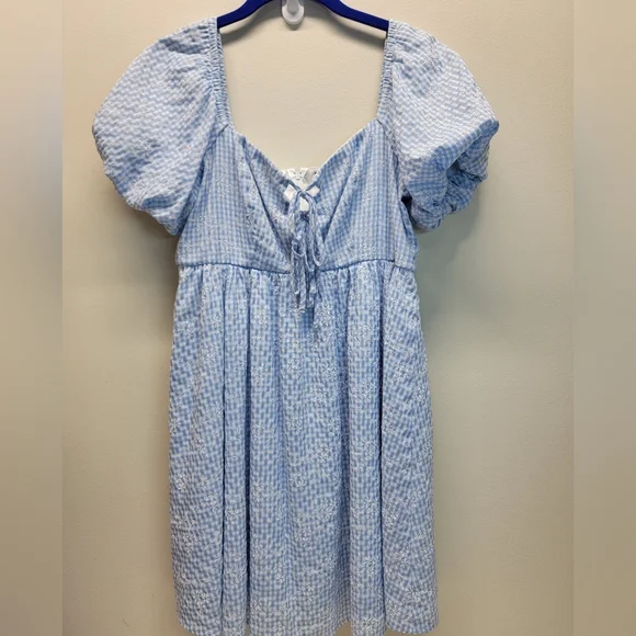 ORIGINALITY BLUE WHITE GINGHAM TIE-FRONT PUFF SLEEVE MINI DRESS SZ MEDIUM - Picture 2 of 14